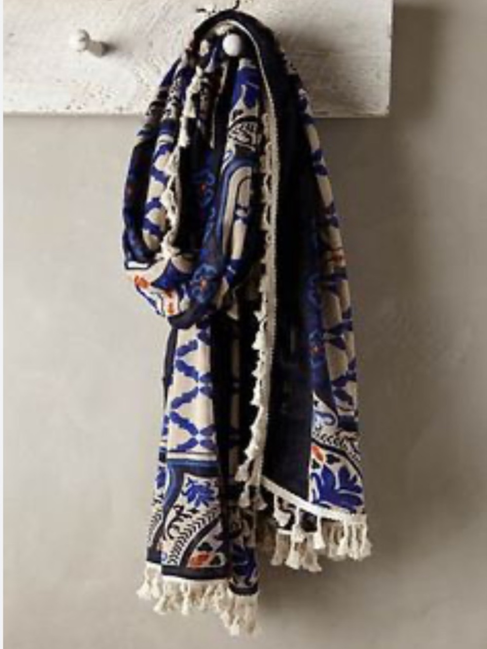 Anthropologie Navy, Cream & Orange Patterned Tassel Scarf